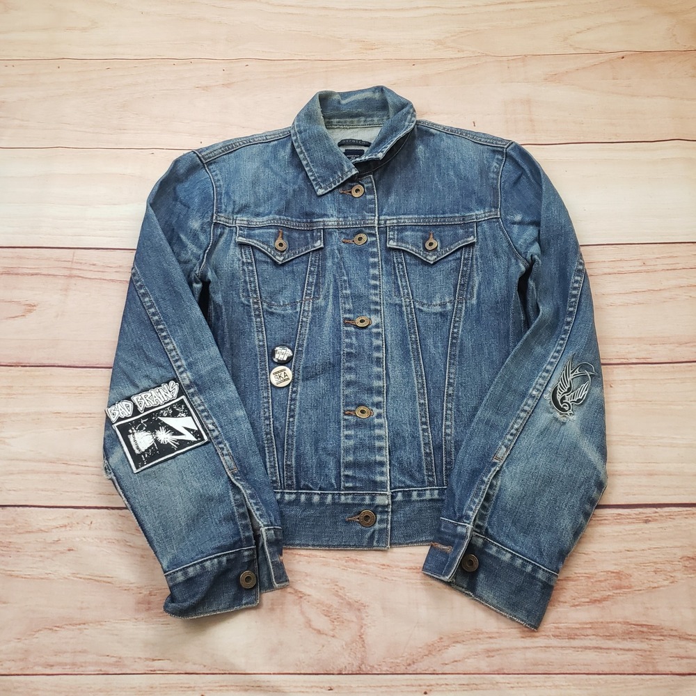 GAP Trucker Jacket Womens Medium Blue Denim Bad Brains Patch Punk Ska Custom DIY